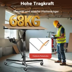 Wiltec XXL Plattenheber bis max. 68 kg, Höhe 140-350 cm, max. Breite 2,90 m, Trockenbau Montagehilfe 1-Mann-Bedienung, 3 Räder mit Feststellbremse, schwarz