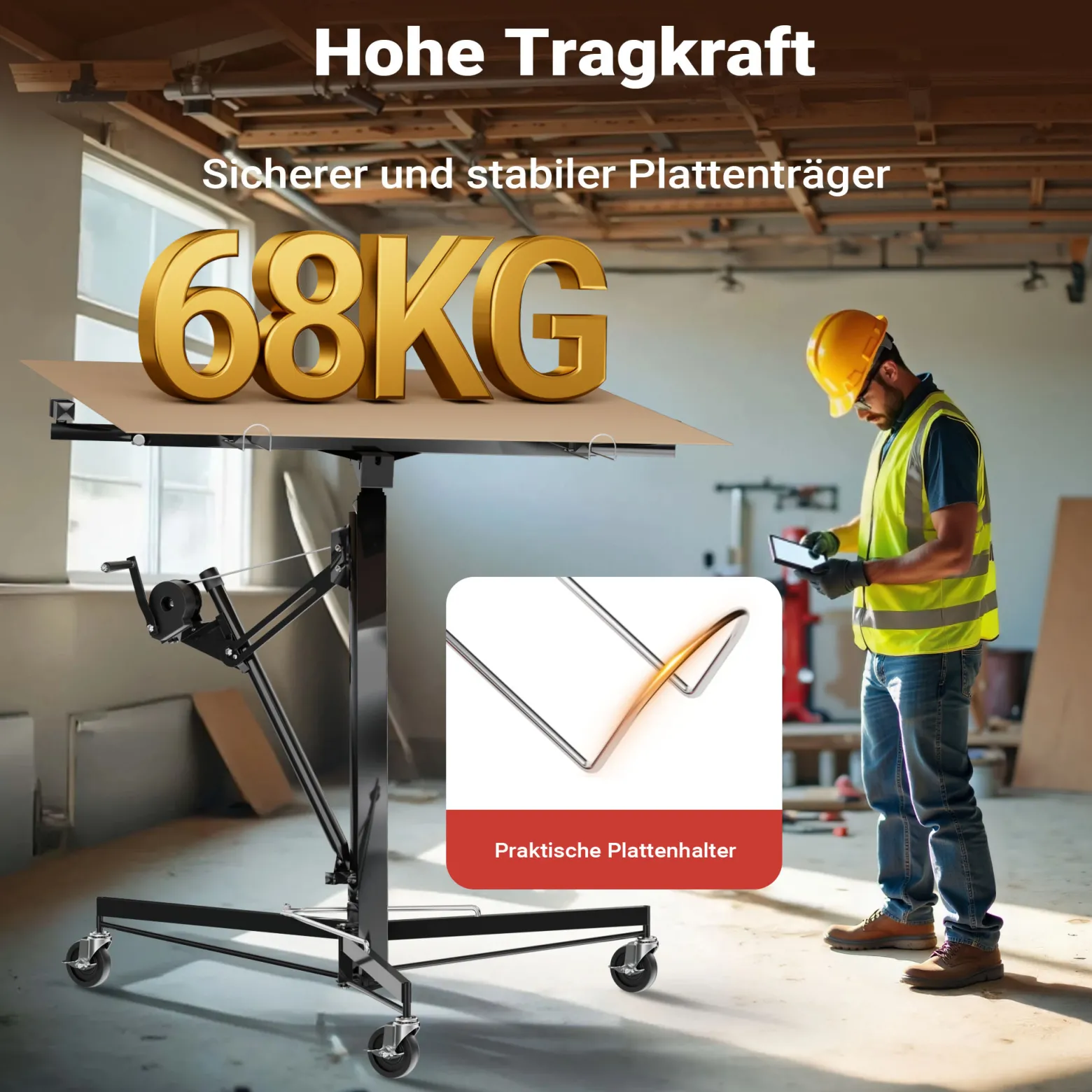 Wiltec XXL Plattenheber bis max. 68 kg, Höhe 140-350 cm, max. Breite 2,90 m, Trockenbau Montagehilfe 1-Mann-Bedienung, 3 Räder mit Feststellbremse, schwarz