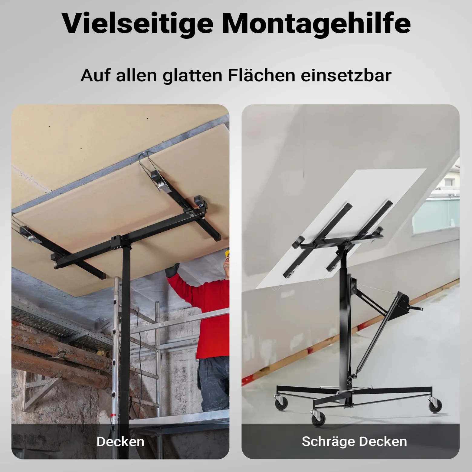 Wiltec XXL Plattenheber bis max. 68 kg, Höhe 140-350 cm, max. Breite 2,90 m, Trockenbau Montagehilfe 1-Mann-Bedienung, 3 Räder mit Feststellbremse, schwarz