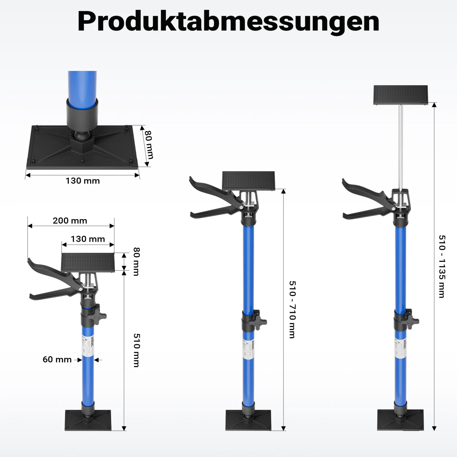 Wiltec Zargenspanner 3er Set, stufenlos 51-113,05 cm mit max. 30 kg Tragkraft, Türzargenspanner mit neigbaren Druckplatten, Montagestütze für Türrahmen, Türzargen