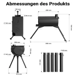 Wiltec Zeltofen Stahl (Q235), robuster Campingofen 85 x 57,5 x 238 cm, Holzofen mit Rauchabzug Ø 6 cm x 40 cm, Zeltheizung sichere Abgasableitung