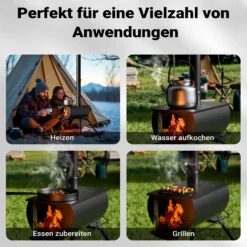Wiltec Zeltofen Stahl (Q235), robuster Campingofen 85 x 57,5 x 238 cm, Holzofen mit Rauchabzug Ø 6 cm x 40 cm, Zeltheizung sichere Abgasableitung