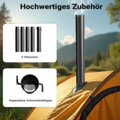 Wiltec Zeltofen Stahl (Q235), robuster Campingofen 85 x 57,5 x 238 cm, Holzofen mit Rauchabzug Ø 6 cm x 40 cm, Zeltheizung sichere Abgasableitung