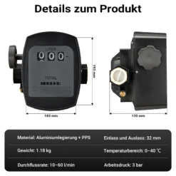 Wiltec Zähler für Diesel Heizöl 3 bar 10-60l/min mit 32mm (1") Anschlüssen und 1% Abweichung, für Heizölpumpen und Dieselpumpen