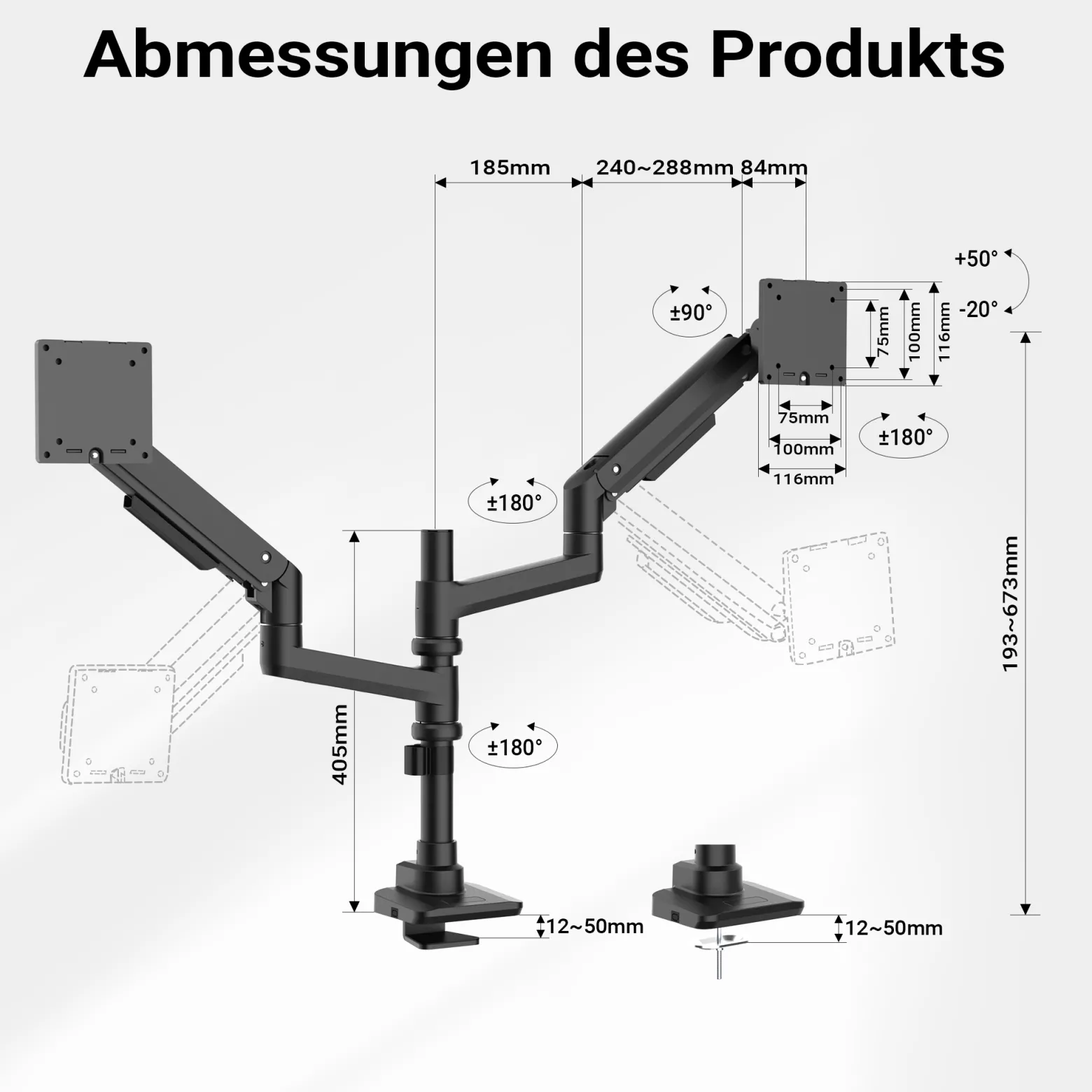Wiltec Zweifach Monitorhalterung mit VESA-Platte für flache & gebogene Monitore, Bildschirmhalterung bis 20 kg, Monitorhalter mit Tischklemme