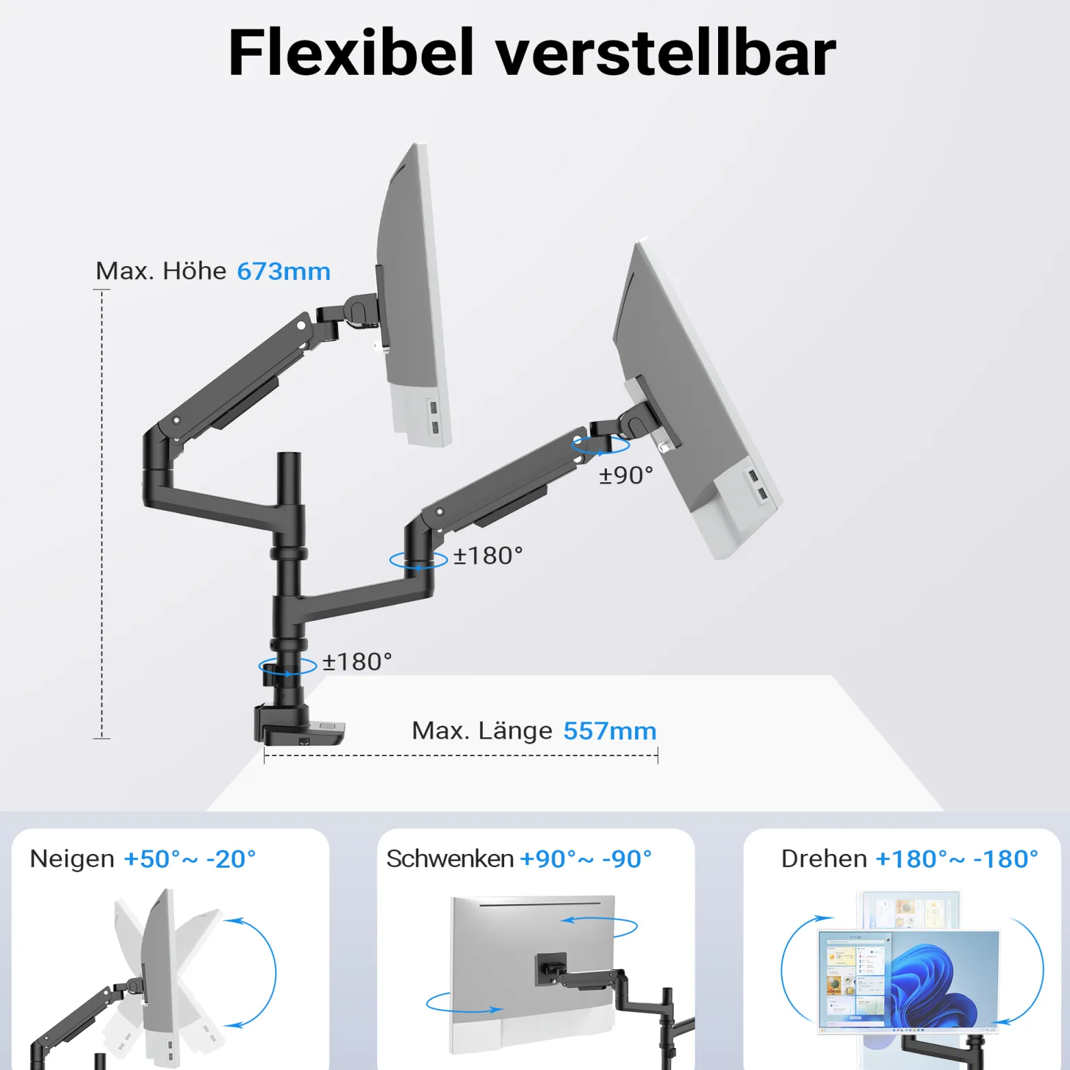 Wiltec Zweifach Monitorhalterung mit VESA-Platte für flache & gebogene Monitore, Bildschirmhalterung bis 20 kg, Monitorhalter mit Tischklemme