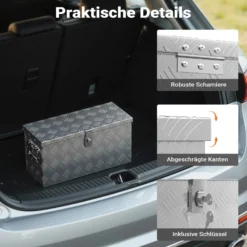 XPOtool Alu Kiste 60x25x30 cm mit Deckelüberstand verschließbar aus Aluminium Riffelblech, Truckbox, Werkzeugbox mit 2 Schlüsseln - Deichselbox Werkzeugkiste