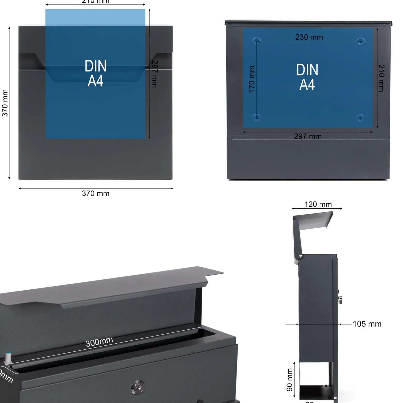 XPOtool Briefkasten V61 Anthrazit 370 x 105 x 370 mm, Wandbriefkasten mit Schloss, Soft Close Klappe und Zeitungsfach, Postkasten aus Stahl pulverbeschichtet