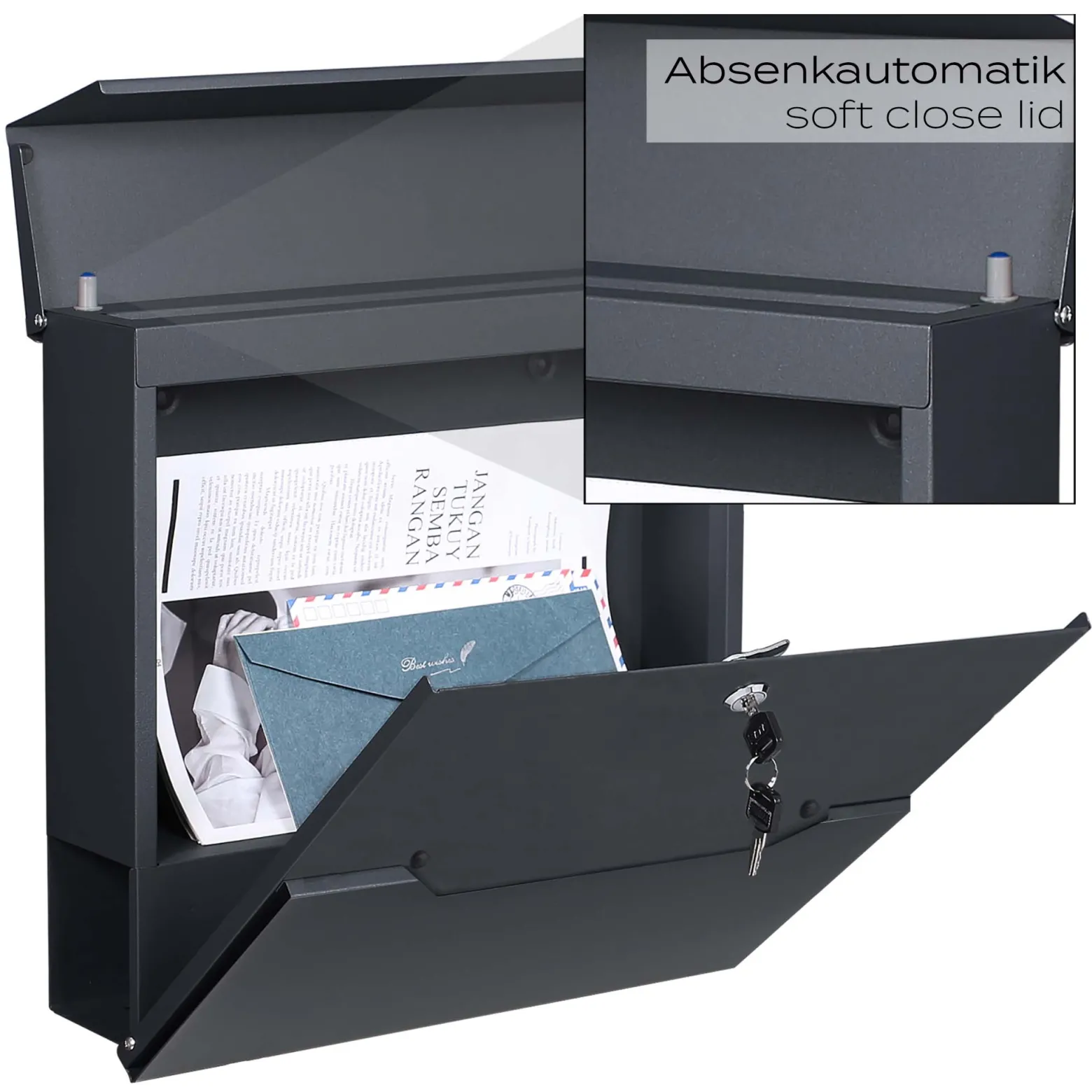 XPOtool Briefkasten V61 Anthrazit 370 x 105 x 370 mm, Wandbriefkasten mit Schloss, Soft Close Klappe und Zeitungsfach, Postkasten aus Stahl pulverbeschichtet