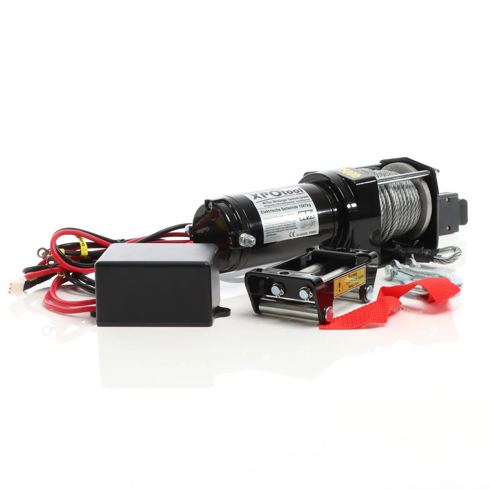 XPOtool Elektrische Seilwinde 1587kg 12V, Seilzug mit 10,5m Stahlseil, 1,5PS Motorwinde für Offroad, Hebezug für Fahrzeuge, Anhänger und Boote