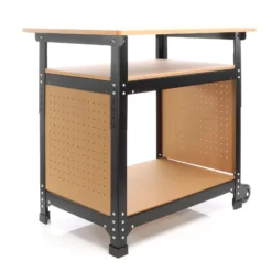XPOtool Fahrbare Werkbank 69 x 51 x 66 - 82 cm, höhenverstellbarer Werktisch, Arbeitstisch mit 2 Rollen, 2 Ablagen und seitliche Lochwand