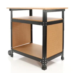 XPOtool Fahrbare Werkbank 69 x 51 x 66 - 82 cm, höhenverstellbarer Werktisch, Arbeitstisch mit 2 Rollen, 2 Ablagen und seitliche Lochwand