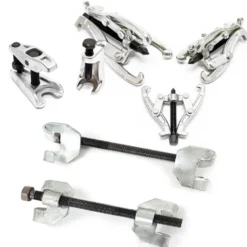 XPOtool Federspanner Satz 7-tlg. 375 mm aus Stahl, mit Klauen- & Kugelgelenkabzieher Montagespanner Audrücker, für Pkw Tuning Tieferlegung, Spannwerkzeug