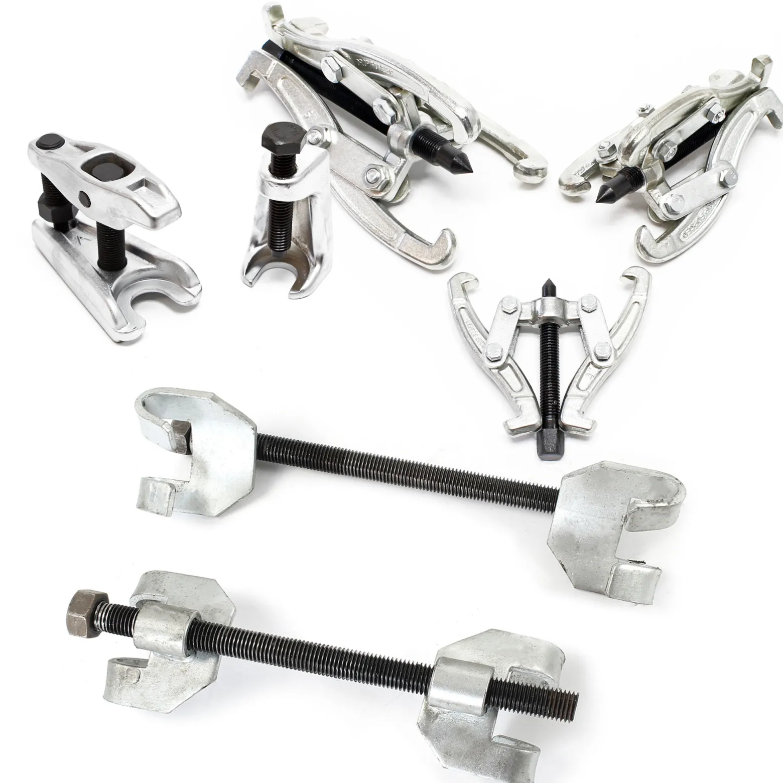 XPOtool Federspanner Satz 7-tlg. 375 mm aus Stahl, mit Klauen- & Kugelgelenkabzieher Montagespanner Audrücker, für Pkw Tuning Tieferlegung, Spannwerkzeug