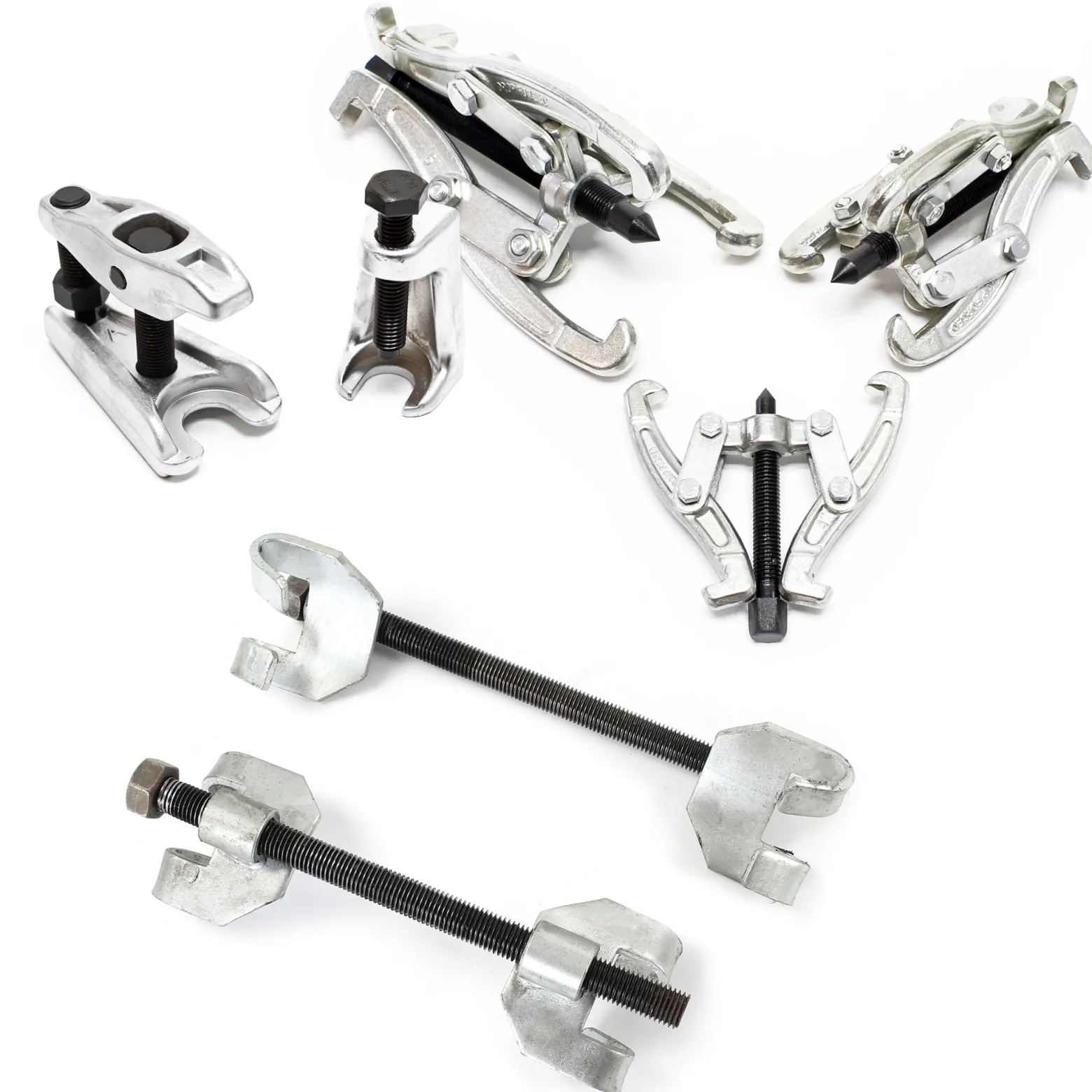 XPOtool Federspanner Satz 7-tlg. 355 mm aus Stahl, mit Klauen- & Kugelgelenkabzieher Montagespanner Audrücker, für Pkw Tuning Tieferlegung, Spannwerkzeug