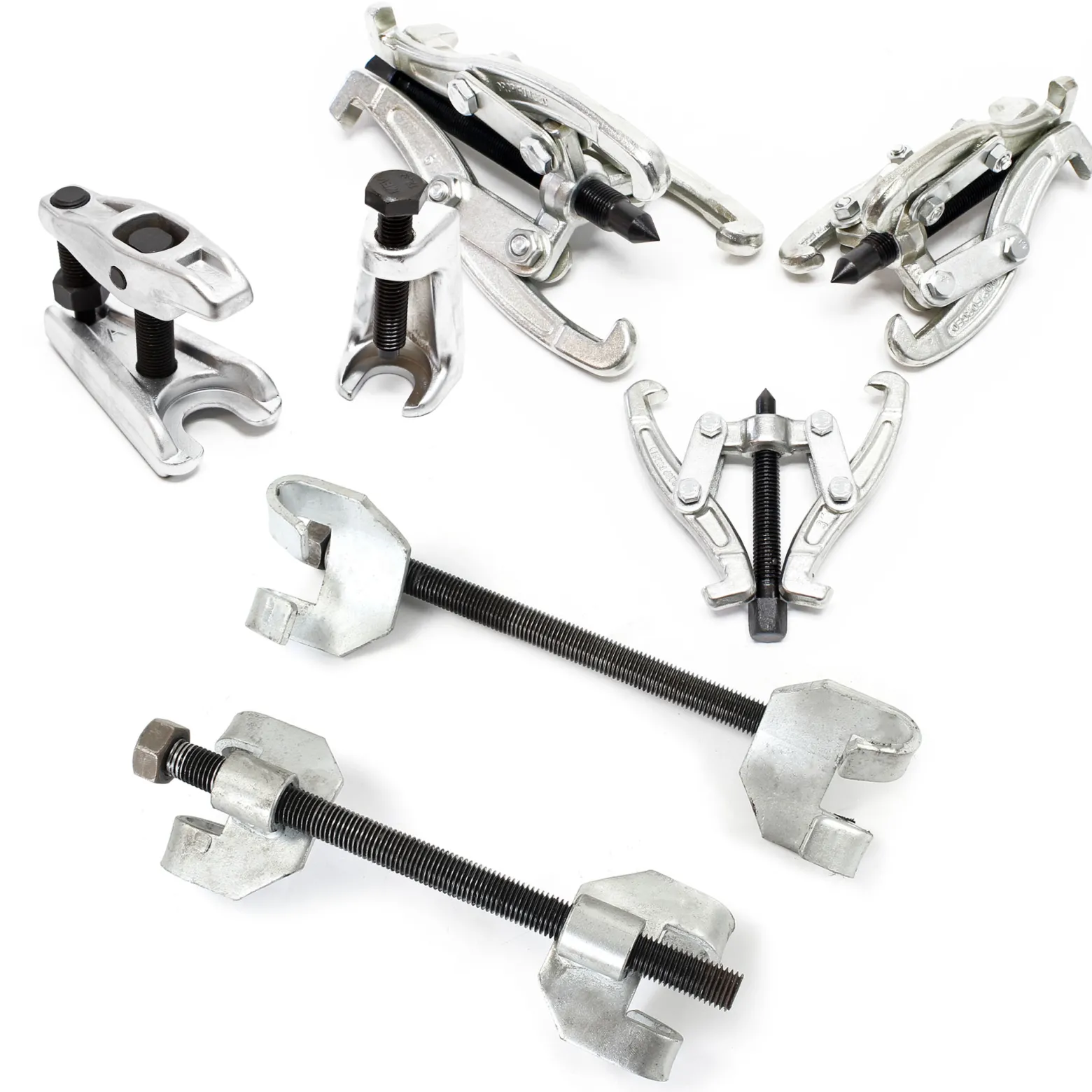 XPOtool Federspanner Satz 7-tlg. 370 mm aus Stahl, mit Klauen- & Kugelgelenkabzieher Montagespanner Audrücker, für Pkw Tuning Tieferlegung, Spannwerkzeug
