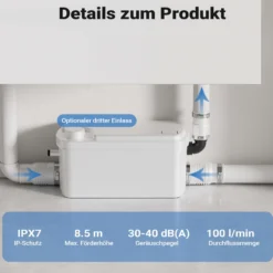 XPOtool 3/1 Kleinhebeanlage 250 W mit 3 Einlässen, Hebeanlage bis 8,5 m Höhe, Abwasserhebeanlage z. B. für WC und Dusche, kompakte Fäkalienhebeanlage