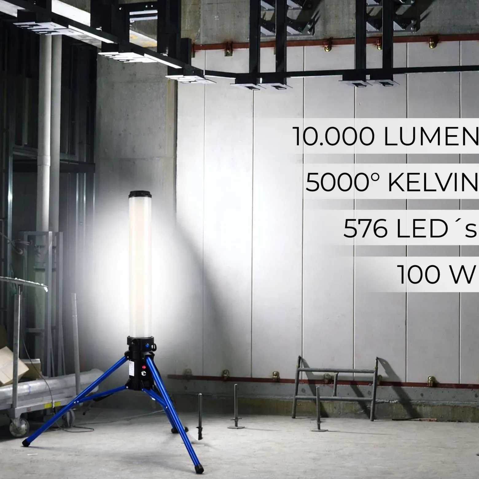 XPOtool LED Tower 100W 360° Ausleuchtung Baustrahler 10.000 Lumen Arbeitsstrahler mit Steckdose