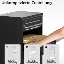 XPOtool Paketkasten Schwarz 500 x 370 x 1120 mm, Paketbox Zuhause, private Paketannahme passend für Pakete und Päckchen, Standbriefkasten Stahl