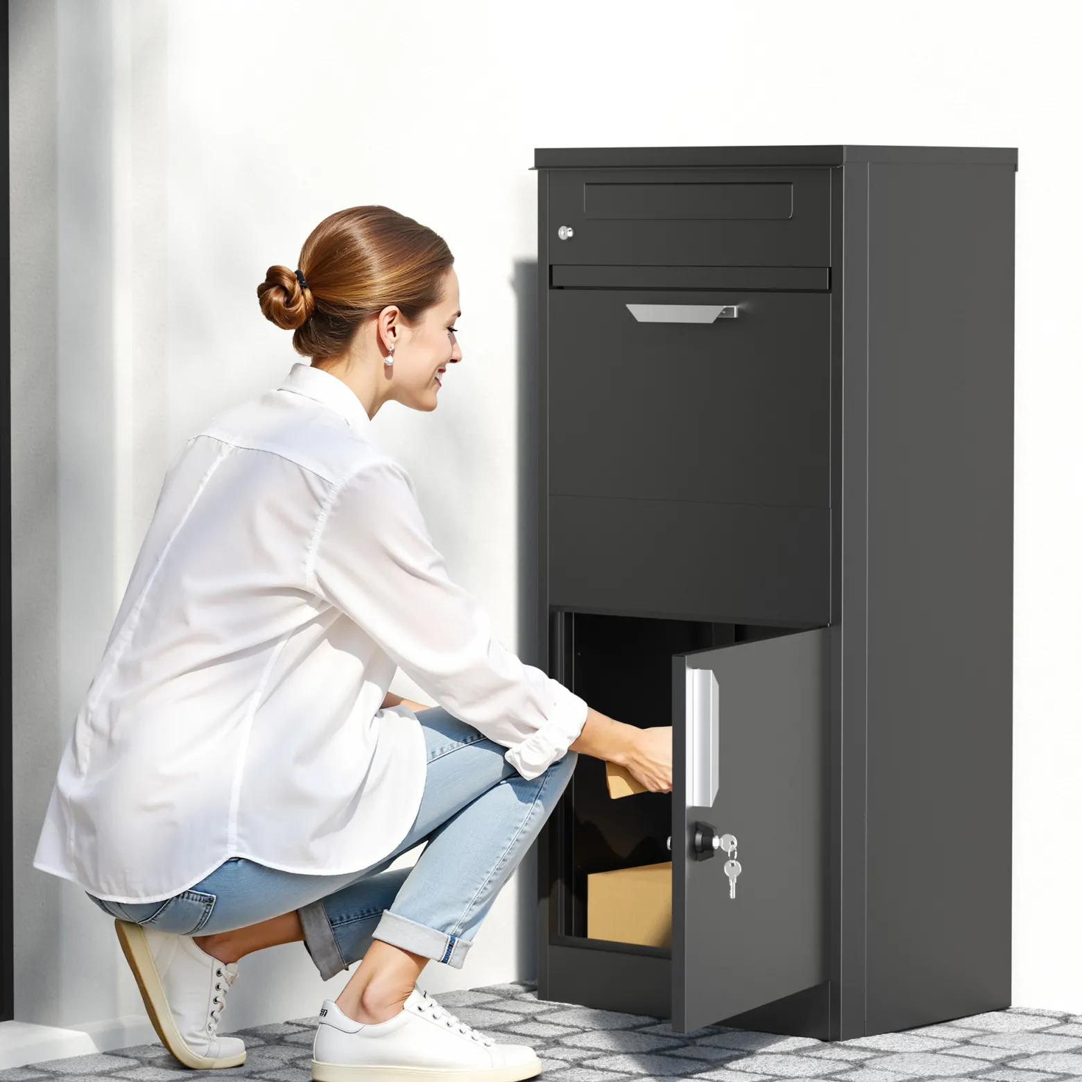 XPOtool Paketkasten Schwarz 500 x 370 x 1120 mm, Paketbox Zuhause, private Paketannahme passend für Pakete und Päckchen, Standbriefkasten Stahl