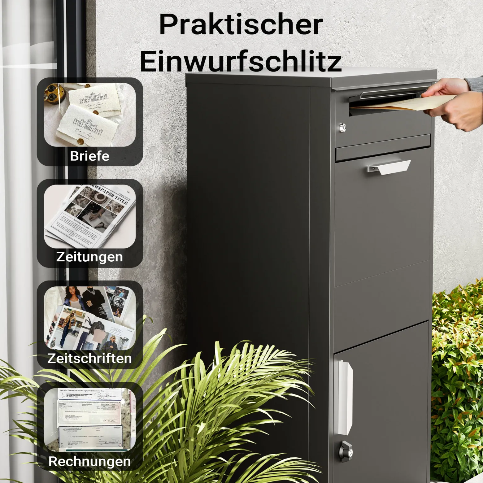 XPOtool Paketkasten Schwarz 500 x 370 x 1120 mm, Paketbox Zuhause, private Paketannahme passend für Pakete und Päckchen, Standbriefkasten Stahl
