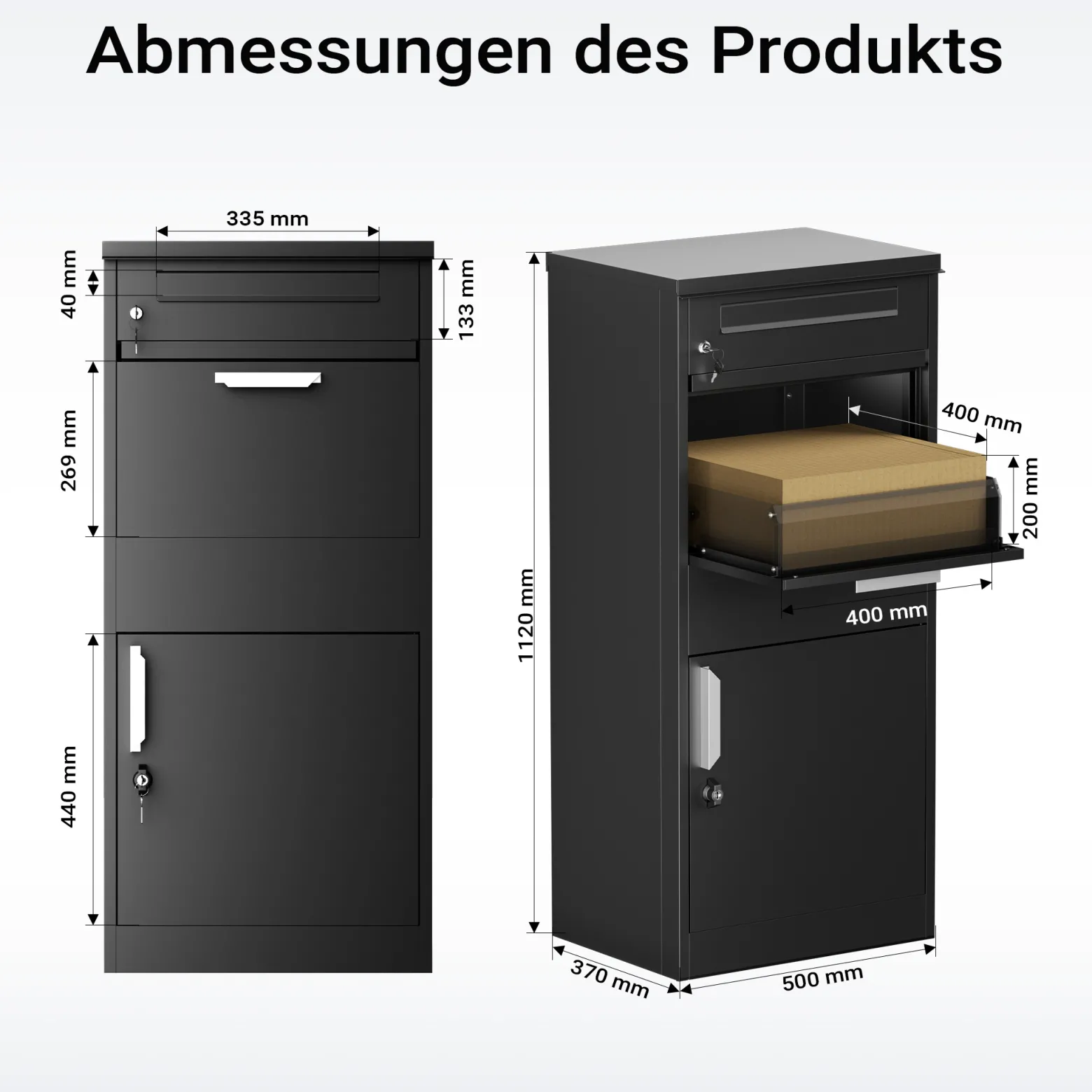XPOtool Paketkasten Schwarz 500 x 370 x 1120 mm, Paketbox Zuhause, private Paketannahme passend für Pakete und Päckchen, Standbriefkasten Stahl