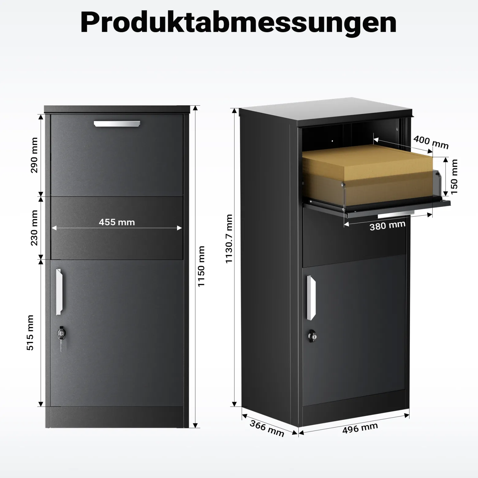 XPOtool Paketkasten Schwarz 500 x 375 x 1150 mm, Paketbox Zuhause, private Paketannahme passend für Pakete und Päckchen, Standbriefkasten Stahl