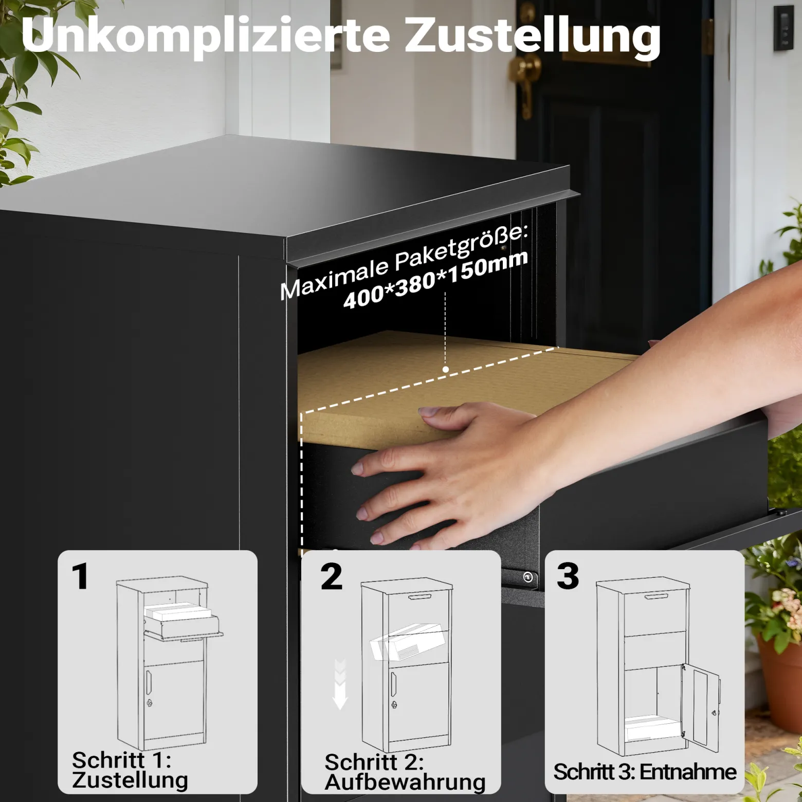 XPOtool Paketkasten Schwarz 500 x 375 x 1150 mm, Paketbox Zuhause, private Paketannahme passend für Pakete und Päckchen, Standbriefkasten Stahl
