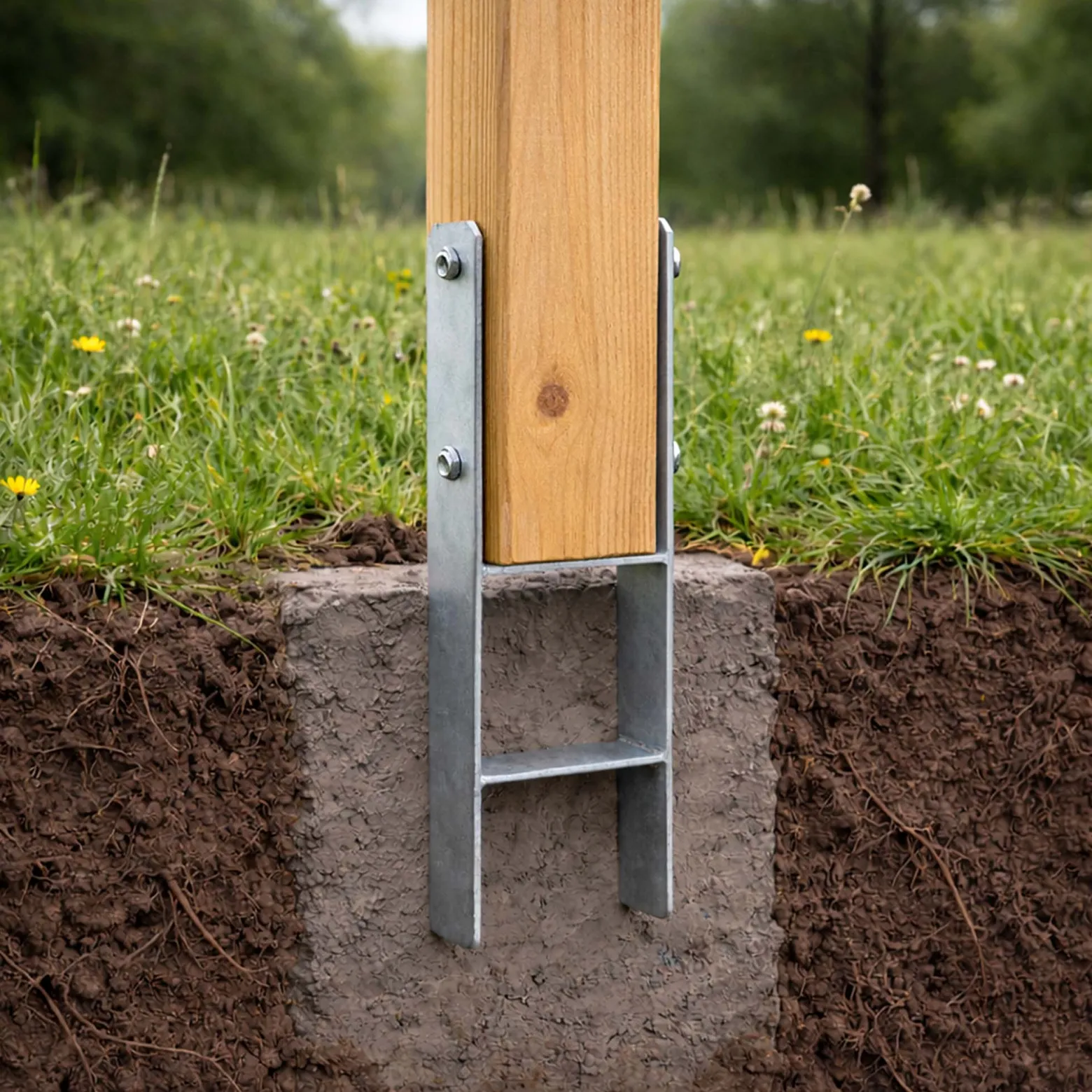 XPOtool Pfostenträger feuerverzinkt 91 x 600mm, H-Anker aus Carbonstahl, Pfostenanker mit Bohrlöchern M10 x 110, Pfostenschuh mit 2 Verstrebungen