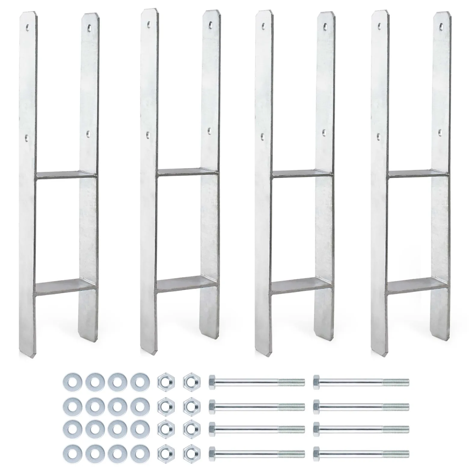 XPOtool Pfostenträger feuerverzinkt 101 x 600mm 4 Stück, H-Anker aus Carbonstahl, Pfostenanker mit Bohrlöchern M10 x 130, Pfostenschuh mit 2 Verstrebungen