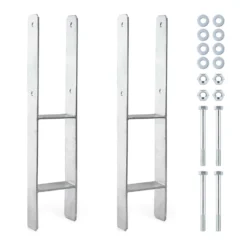 XPOtool Pfostenträger feuerverzinkt 2 Stück 71 x 600mm, H-Anker aus Carbonstahl, Pfostenanker mit Bohrlöchern M10 x 90, Pfostenschuh mit 2 Verstrebungen