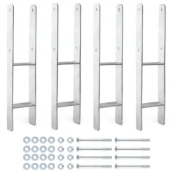 XPOtool Pfostenträger feuerverzinkt 4 Stück 91 x 600 mm, H-Anker aus Carbonstahl, Pfostenanker mit Bohrlöchern M10 x 110, Pfostenschuh mit 2 Verstrebungen