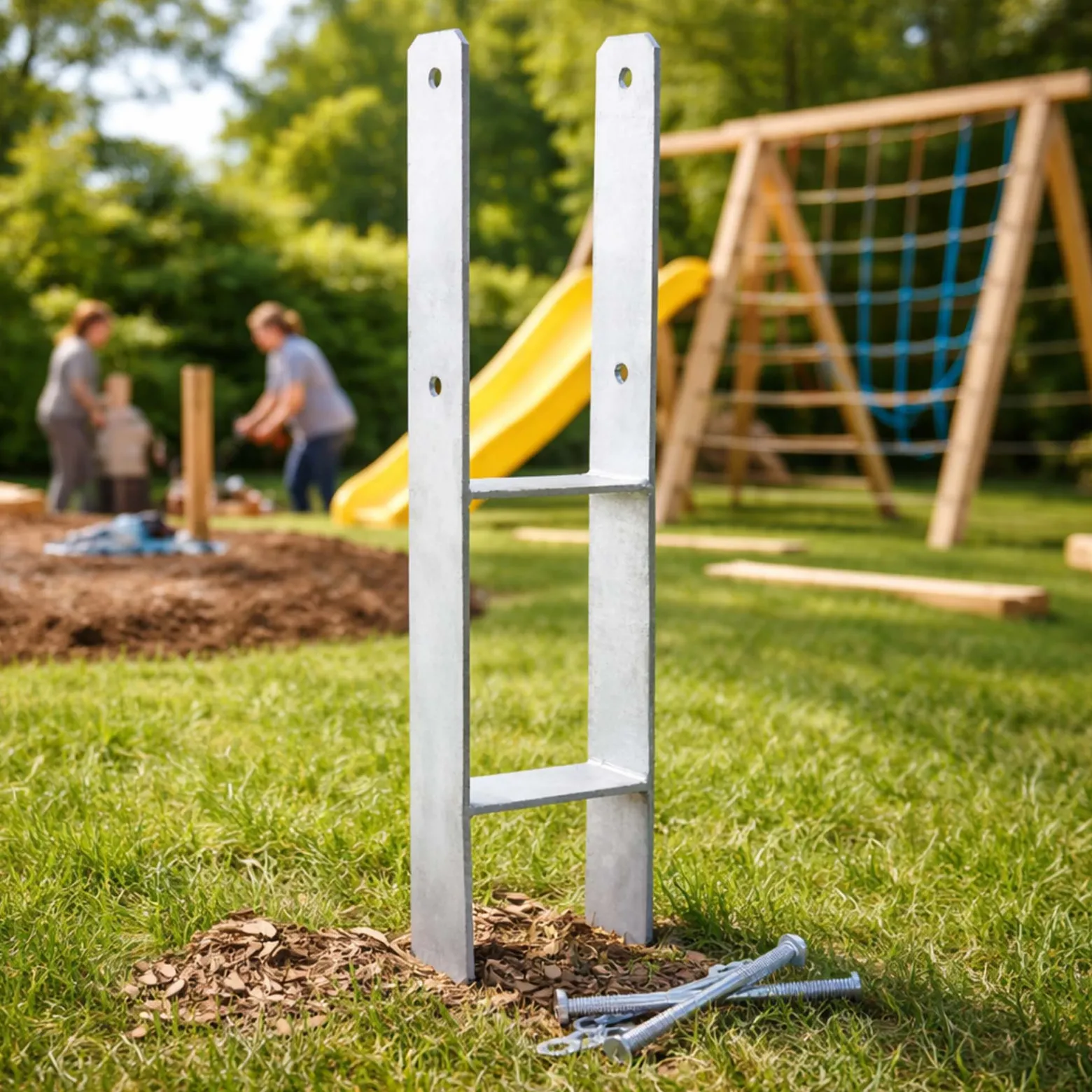 XPOtool Pfostenträger feuerverzinkt 4 Stück 91 x 600 mm, H-Anker aus Carbonstahl, Pfostenanker mit Bohrlöchern M10 x 110, Pfostenschuh mit 2 Verstrebungen