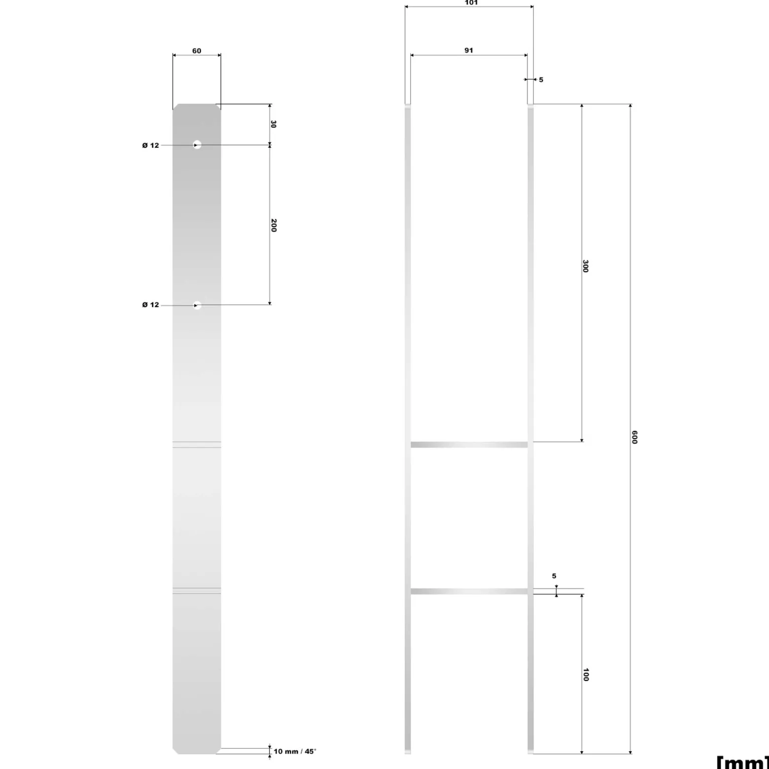 XPOtool Pfostenträger feuerverzinkt 2 Stück 91 x 600 mm, H-Anker aus Carbonstahl, Pfostenanker mit Bohrlöchern M10 x 110, Pfostenschuh mit 2 Verstrebungen
