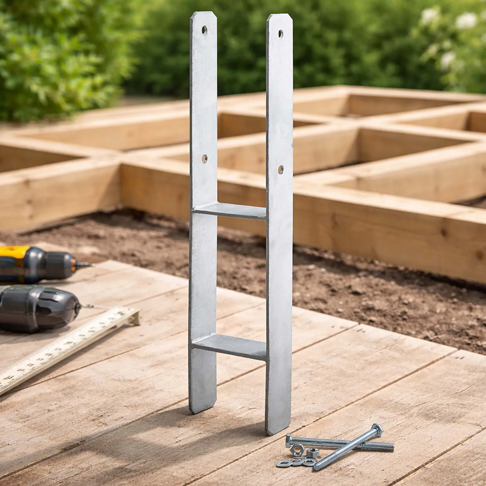 XPOtool Pfostenträger feuerverzinkt 101 x 600mm 2 Stück, H-Anker aus Carbonstahl, Pfostenanker mit Bohrlöchern M10 x 130, Pfostenschuh mit 2 Verstrebungen