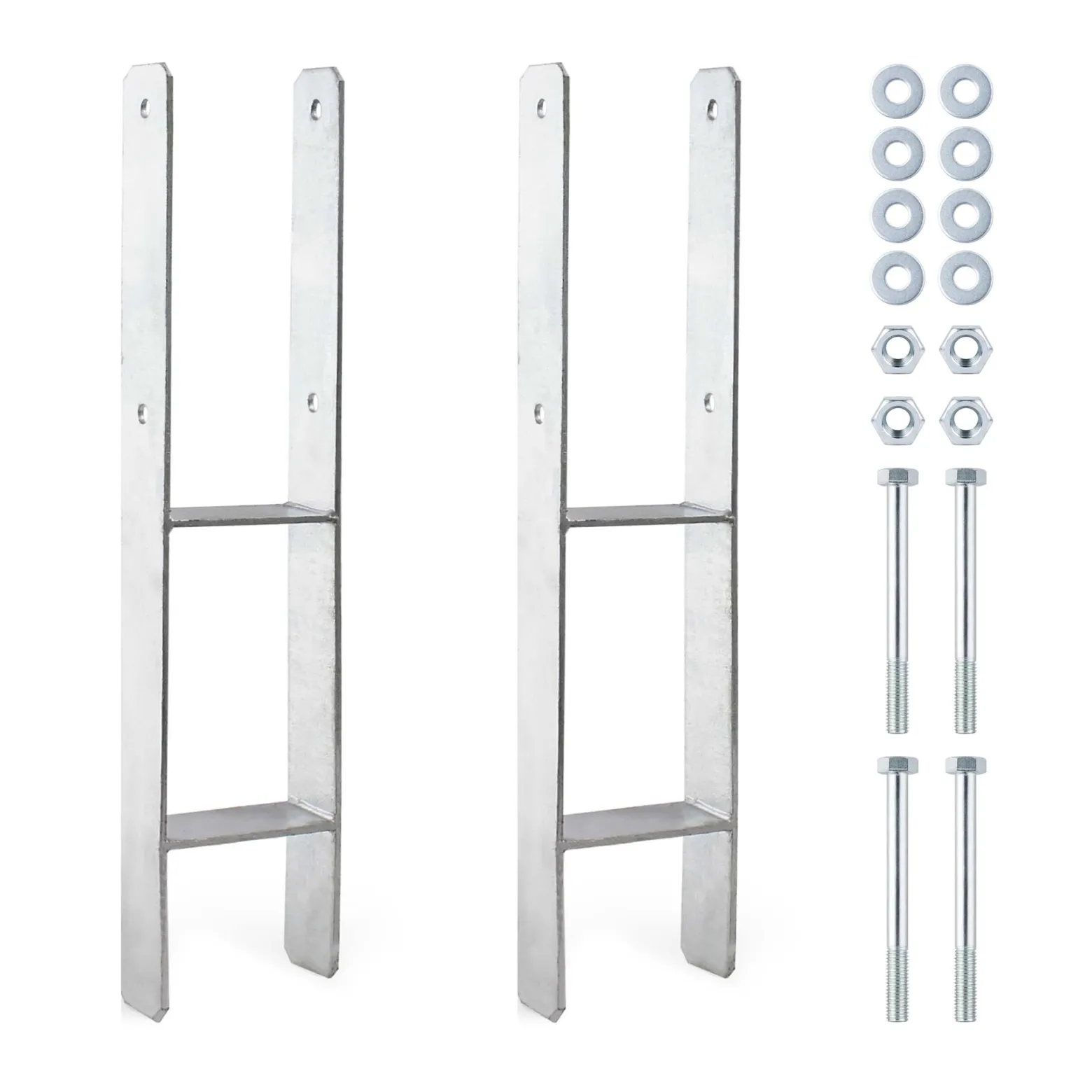 XPOtool Pfostenträger feuerverzinkt 101 x 600mm 2 Stück, H-Anker aus Carbonstahl, Pfostenanker mit Bohrlöchern M10 x 130, Pfostenschuh mit 2 Verstrebungen