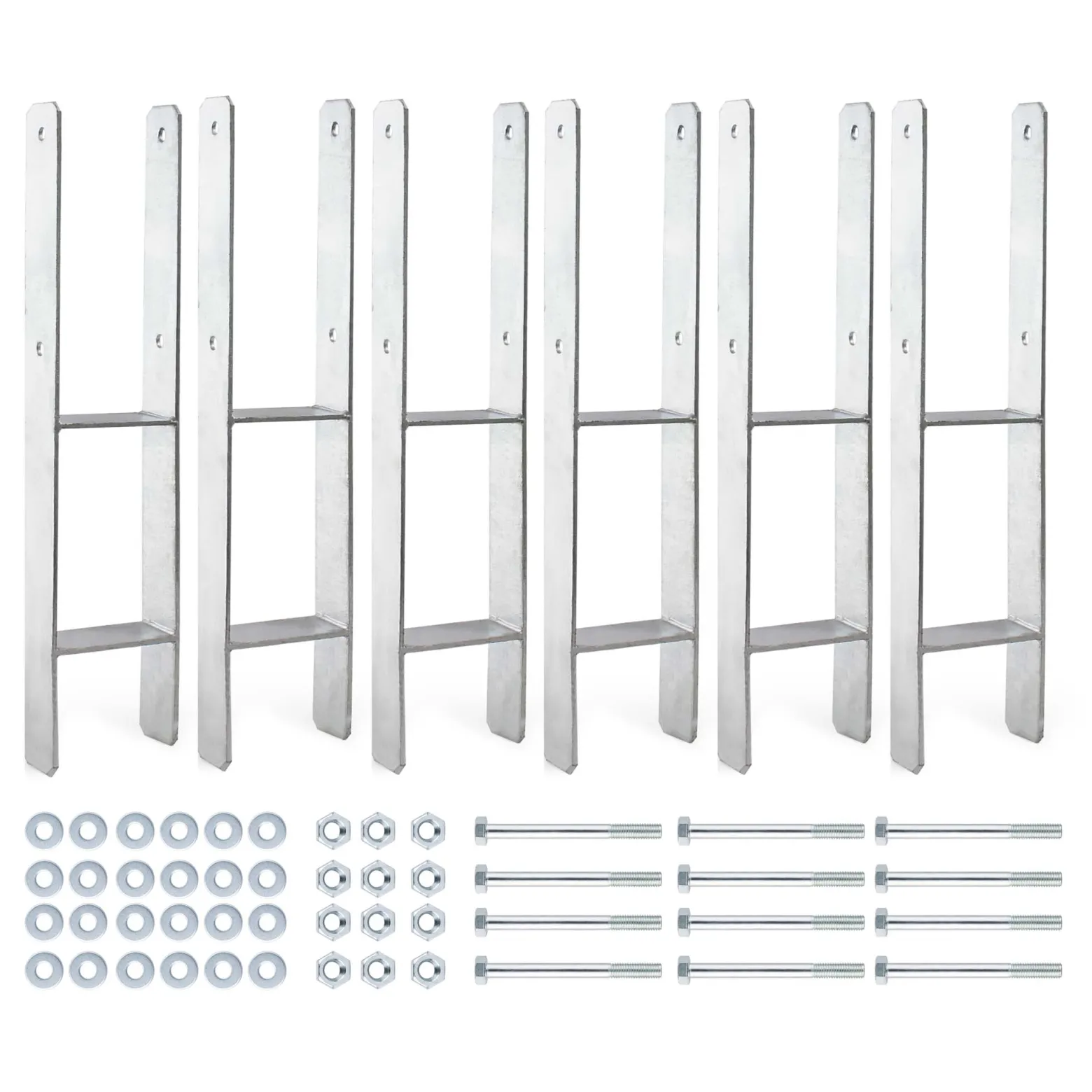 XPOtool Pfostenträger feuerverzinkt 101 x 600mm 6 Stück, H-Anker aus Carbonstahl, Pfostenanker mit Bohrlöchern M10 x 130, Pfostenschuh mit 2 Verstrebungen