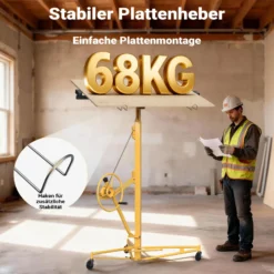 XPOtool Plattenheber bis max. 68 kg, Höhe 188-487 cm, Montagehilfe für Trockenbau, Paneelheber schwenkbar, neigbar mit 3 Rädern mit Feststellbremse, gelb