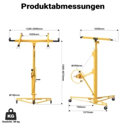 XPOtool Plattenheber bis max. 68 kg, Höhe 188-487 cm, Montagehilfe für Trockenbau, Paneelheber schwenkbar, neigbar mit 3 Rädern mit Feststellbremse, gelb