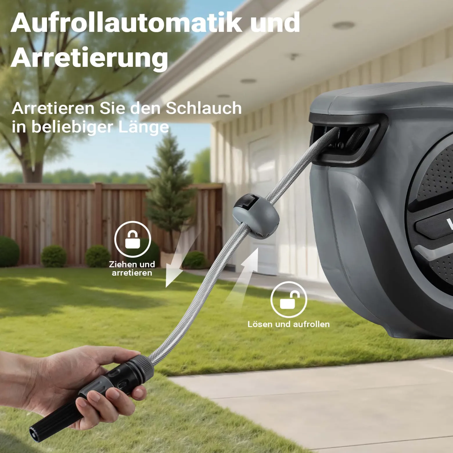 XPOtool Schlauchtrommel, Wand Schlauchbox mit Aufroll-Automatik und 30m Wasserschlauch, Gartenbewässerung