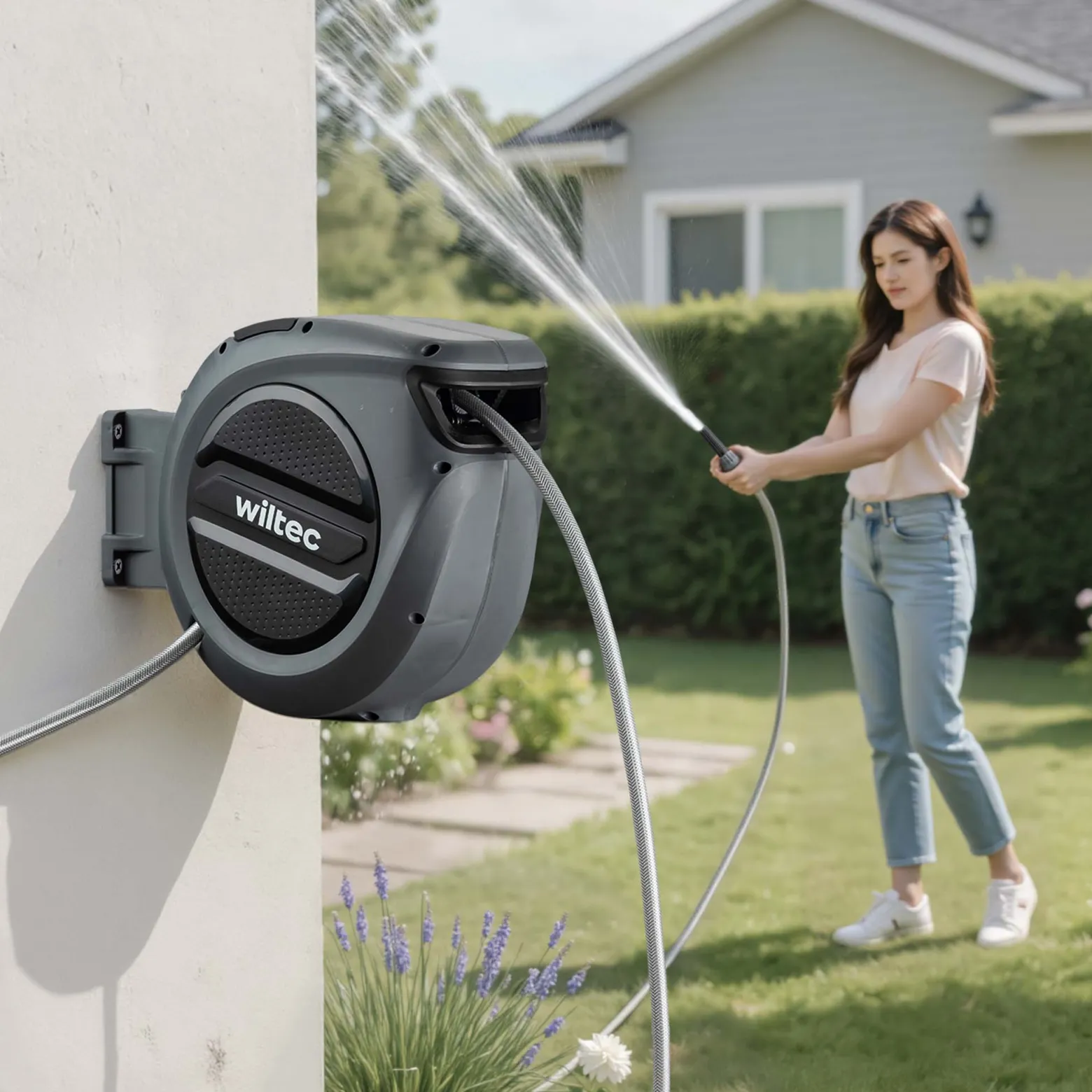 XPOtool Schlauchtrommel, Wand Schlauchbox mit Aufroll-Automatik und 20m Wasserschlauch, Gartenbewässerung