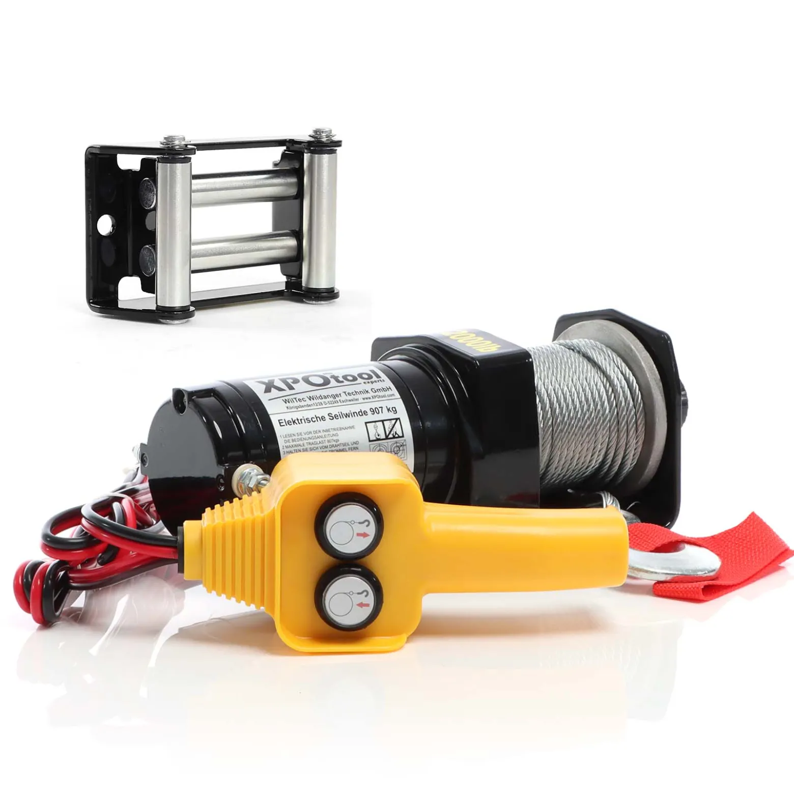 XPOtool Set Elektrische Seilwinde 907kg 12V, Seilzug mit 12,5m Stahlseil, 1PS Motorwinde u. Rollenfenster, Windenfenster mit 4 Rollen Lochabstand 109mm, Seilrollenfenster
