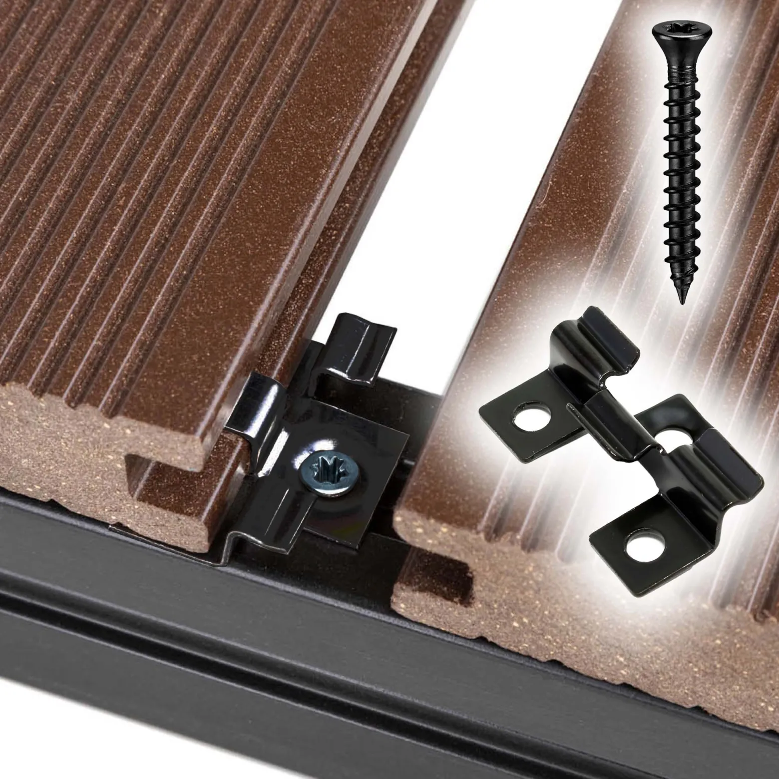 XPOtool Set 50x Edelstahl Clips 8 mm, schwarz, 60x Sechsrund Schrauben 3,5x20 mm T15 zur Montage von Terrassendiele mit 8 mm Nut