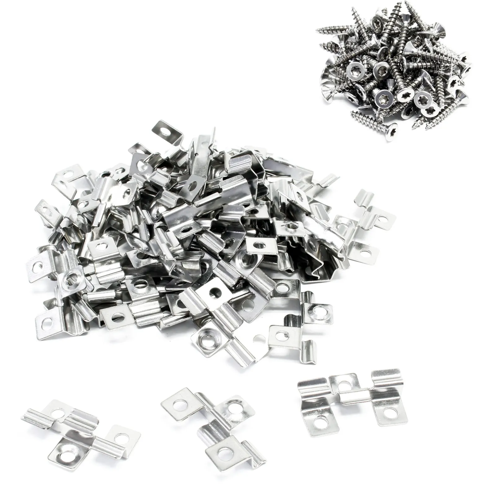 XPOtool Set 50x Edelstahl Clips 8 mm, 60x Sechsrund Schrauben 3,5x20 mm T15 zur Montage von Terrassendiele mit 8 mm Nut