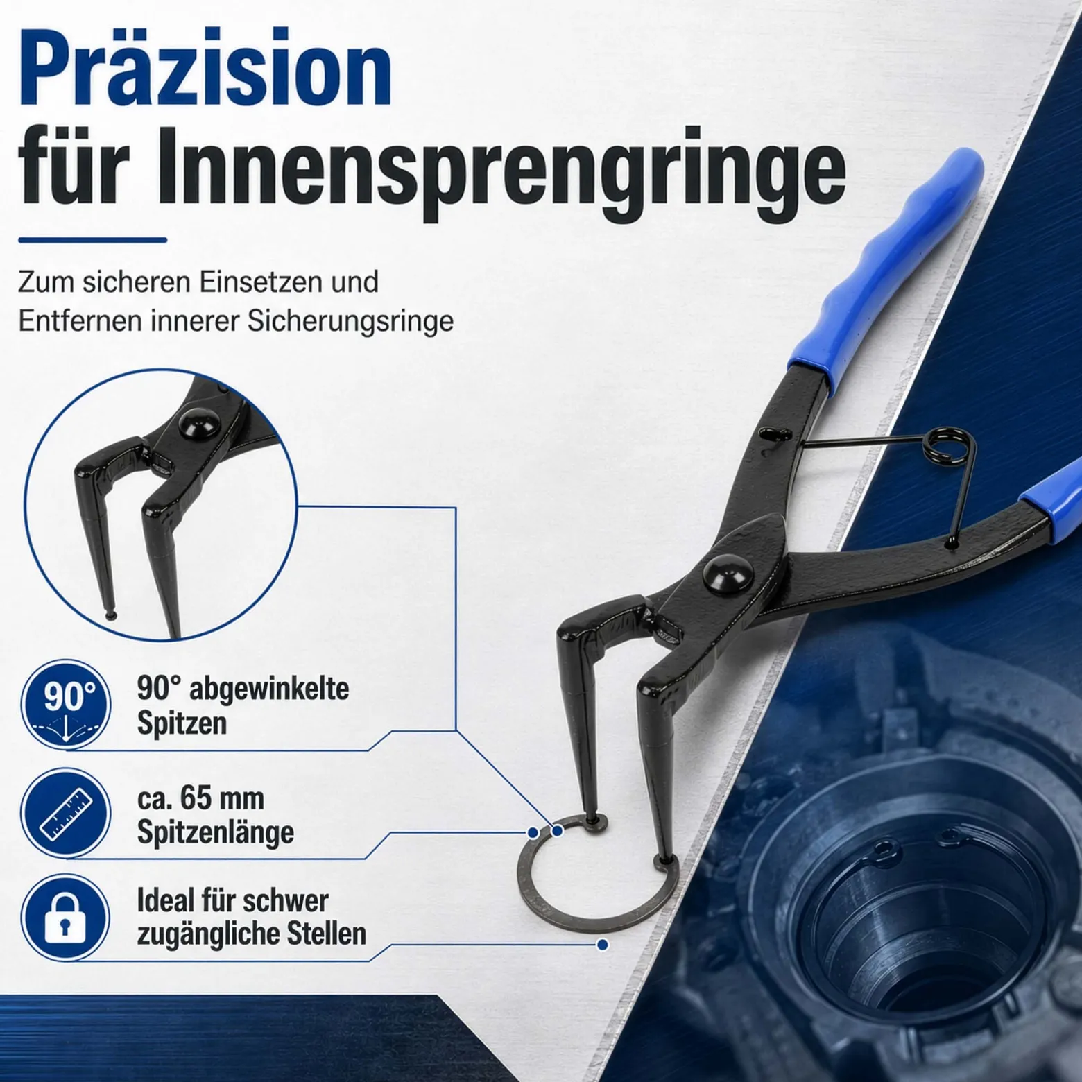 XPOtool Sprengring Zange 90° Winkel, 65 mm lange Spitzen, Seegeringzange aus Carbonstahl für Innenringe Innensprengringe, Sicherungszange mit rutschfestem Griff