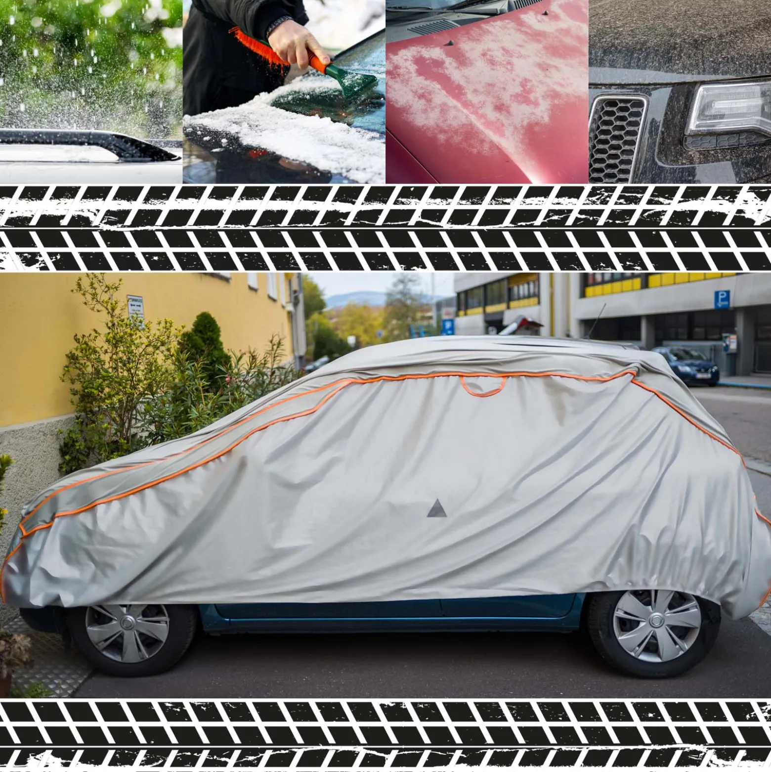 XPOtool Vollgarage für Auto Größe S 406x165x119cm Schutz vor Hagel, wasserdicht, lackschonend, Autoabdeckung mit Luftschlitzen, Reflektoren, Spanngurten