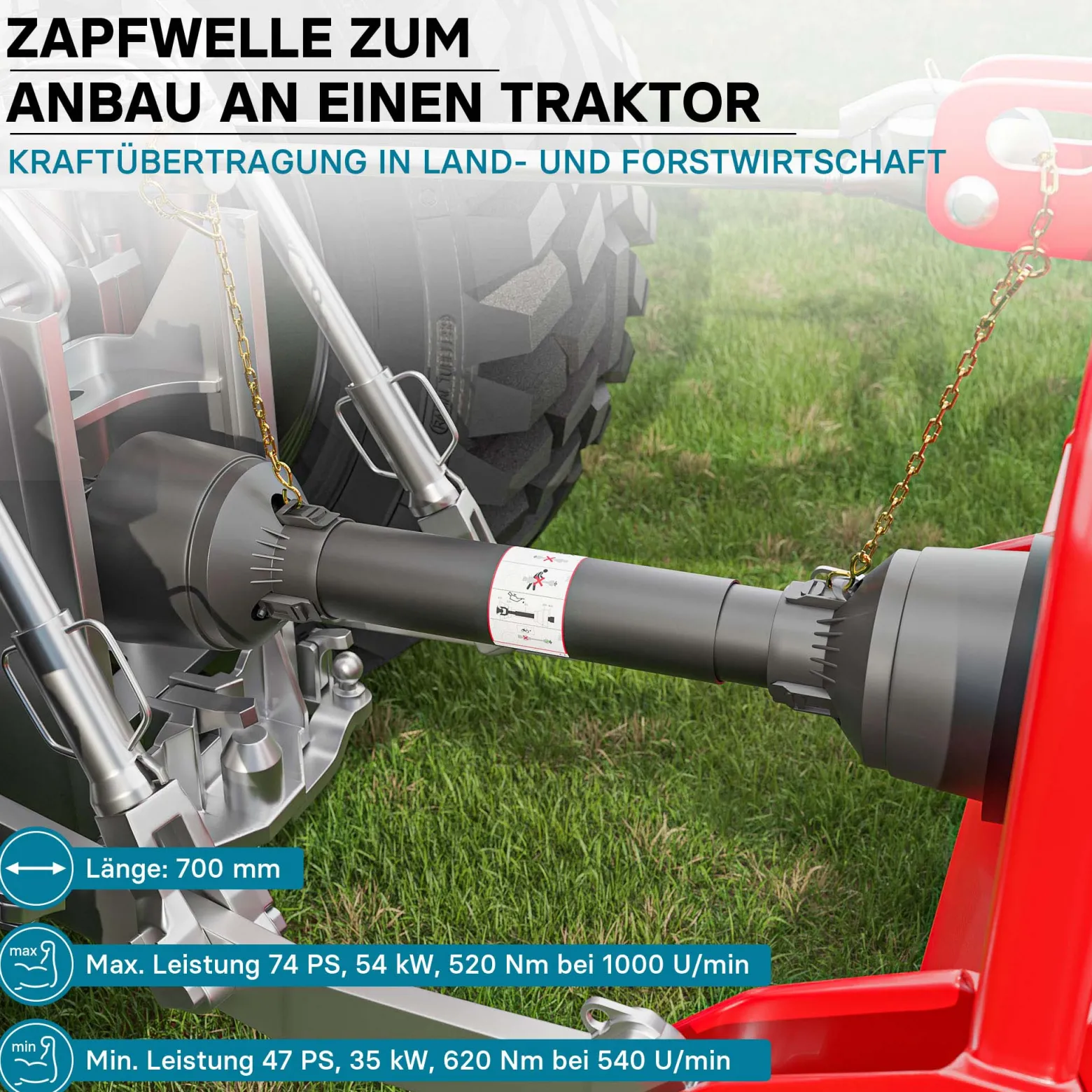 Zapfwelle T5 Gelenkwelle 700mm 620Nm 540U/min, PTO-Shaft, 54kW (74PS), 2x 1 3/8" 6 Zähne