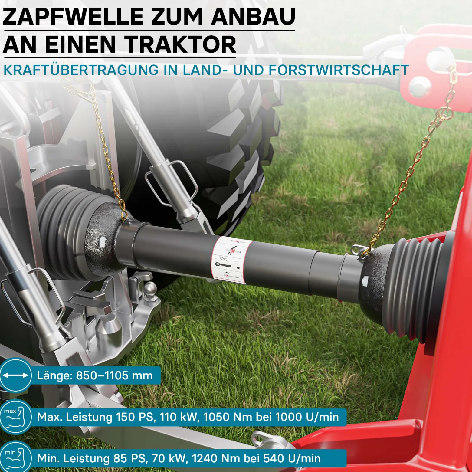 Zapfwelle T8 Gelenkwelle 850-935mm 1240Nm 540U/min, PTO-Shaft, 110kW (150PS), 2x 1 3/8" 6 Zähne