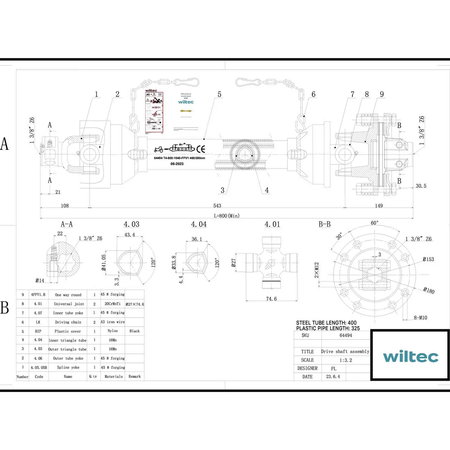 Zapfwelle T4 Gelenkwelle 800-880mm 460Nm 540U/min, PTO-Shaft, 40kW (55PS), 2x1 3/8" 6 Zahn Kupplung