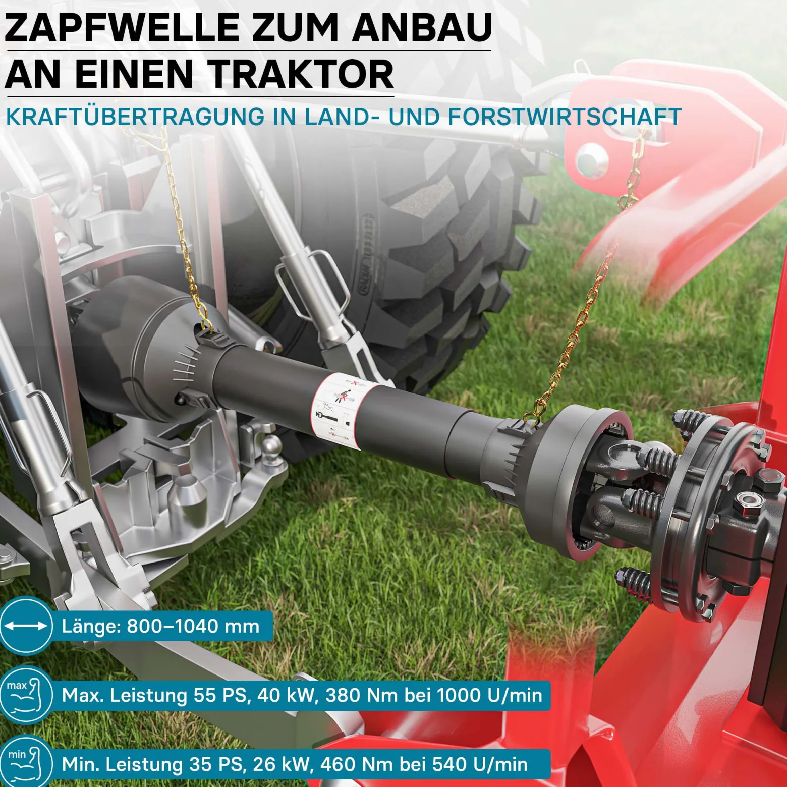 Zapfwelle T4 Gelenkwelle 800-880mm 460Nm 540U/min, PTO-Shaft, 40kW (55PS), 2x1 3/8" 6 Zahn Kupplung